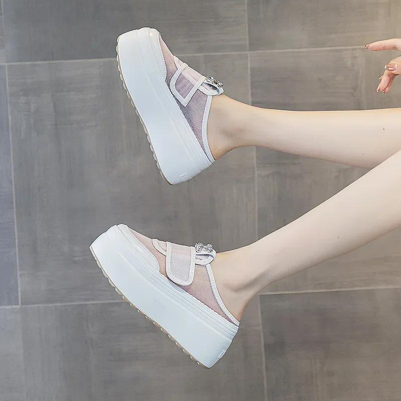 

8cm New Air Mesh Round Toe Platform Wedge Hollow Comfy Ladies Women Sandals Slipper Slides Summer Breathable Fashion Shoes 33