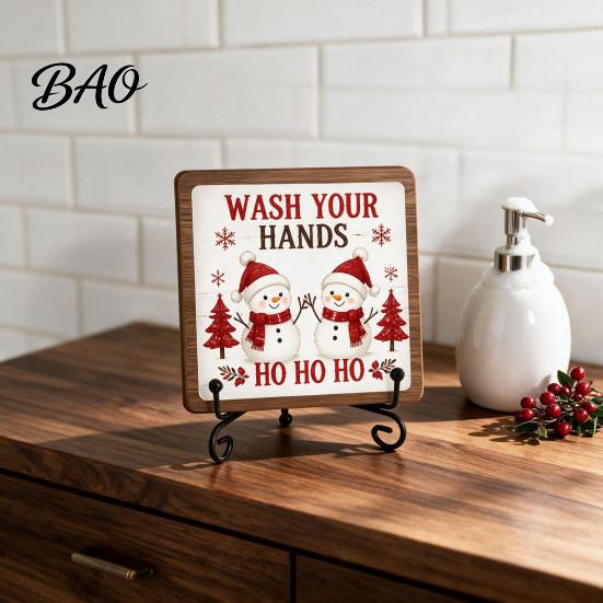 Christmas Hanging Ornament Wooden Tabletop Decor, 2D Pet Santa with Iron Stand, Rustic Xmas Party Holiday Sign for Home And Cafe Festive Shelf, Solid