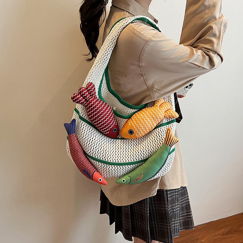 Fish Design Knitting Shoulder Bag Woven Hand Bag Beach Bag Holiday Travel Shopper Shopping Purse for Women