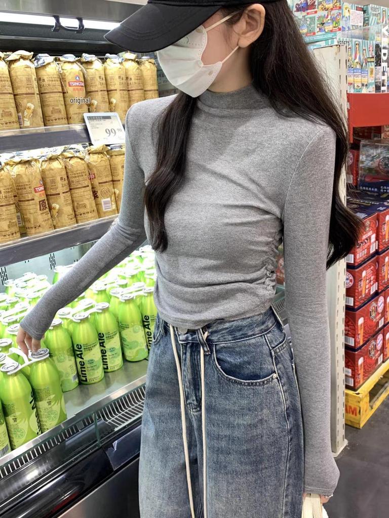 Women's Spicy Girl Gray Ruched Slim-Fit Long-Sleeve Turtleneck Top for Autumn/Winter