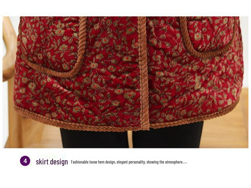 Women's Mid-Length Winter Jacket: Grandma Style, Fleece-Lined, Thickened Cotton for 60s-70s Cold Protection.