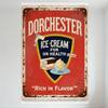 Vintage Dorchester Ice-Cream Metal Sign Rustic Red Background Wall Decor with Shield Logo & Dessert Illustrations for Bar Pub Ho