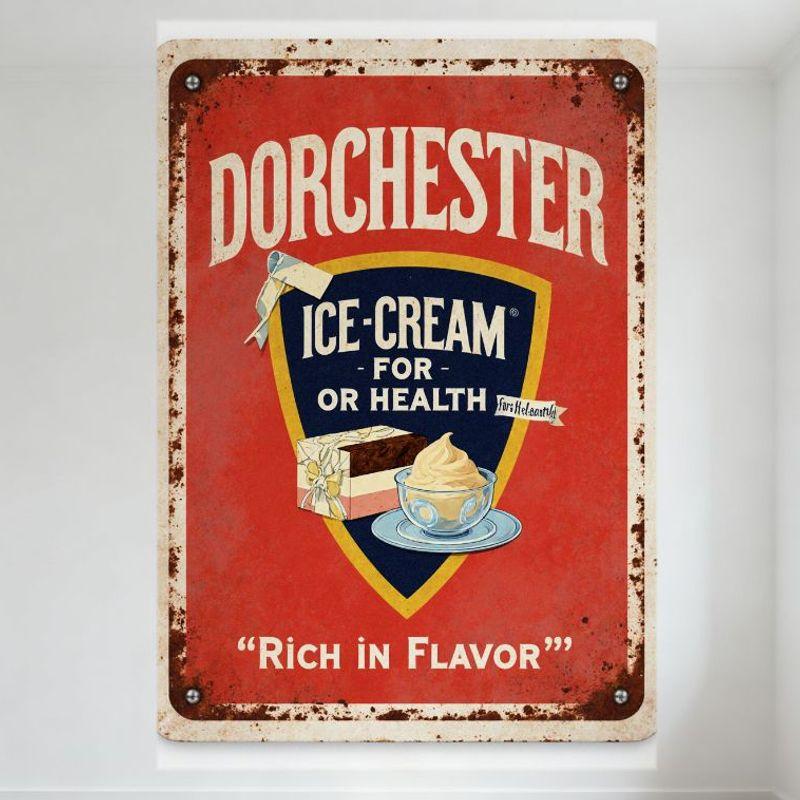 

Vintage Dorchester Ice-Cream Metal Sign Rustic Red Background Wall Decor with Shield Logo & Dessert Illustrations for Bar Pub Ho 20x30cm（7.8x11.8inch）