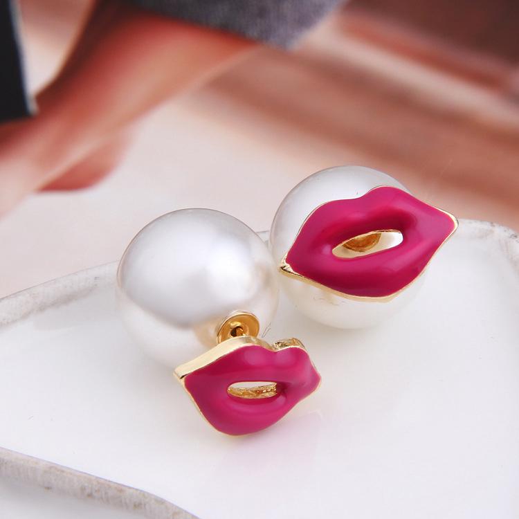 E903 Creative Stud Earrings, Double Sided Pearl Lips Pearl Red Lip Size Stud Earrings Jewelry