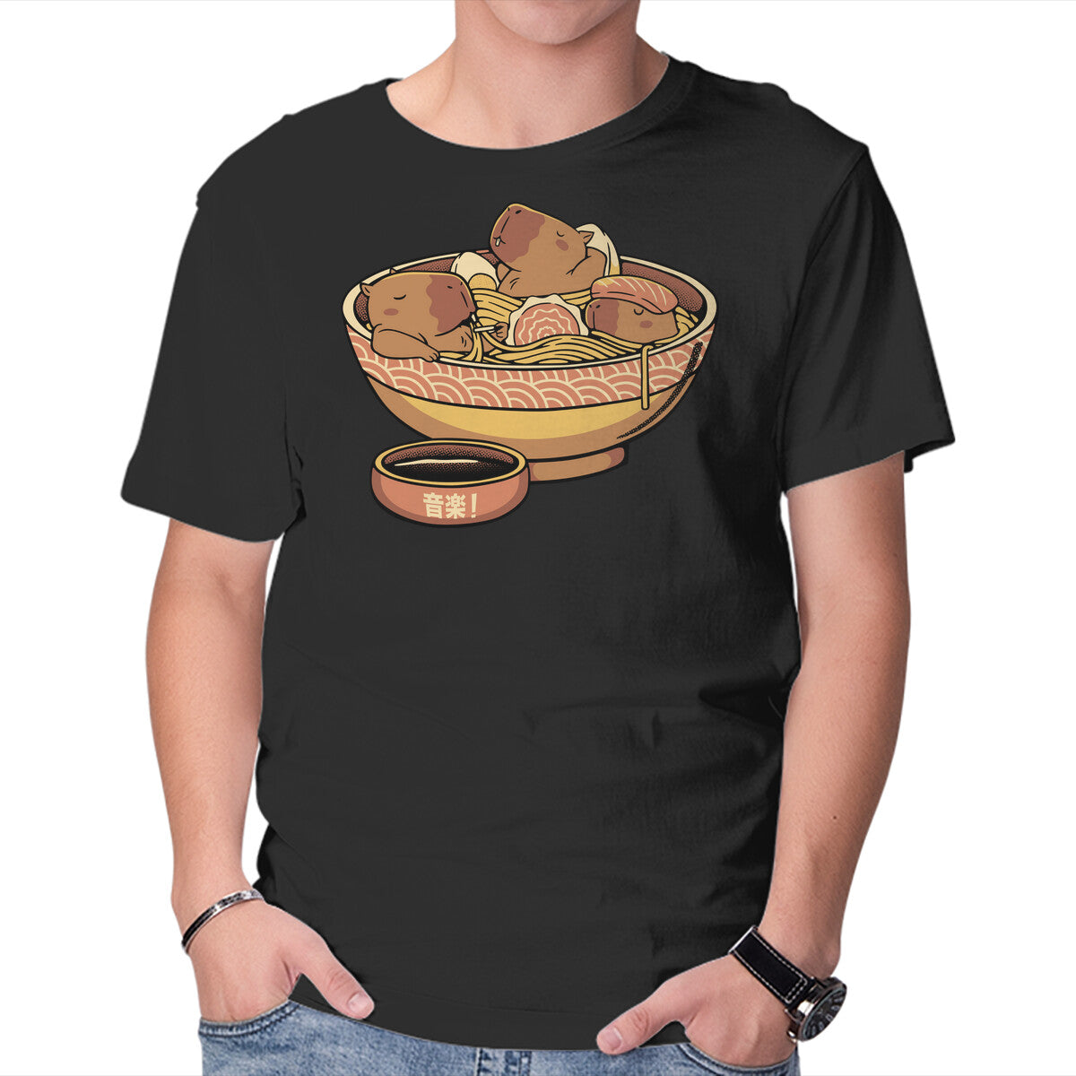 Unisex Crew Neck T-Shirt Capybara Cute Ramen Graphic Short Sleeve Casual Tee S