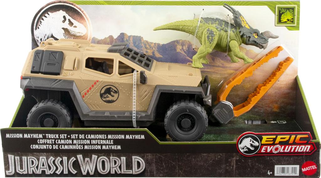 Mattel Jurassic World Truck Einiosaurus Dinosaur Action Figure Toy with Function and Mission Mayhem Destruction Vehicle & Flip-Roll