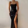 Robe Longue Satinée pour Femme à Col Drapé Bretelles Fines Dos Nu Fente Haute Moulante Sexy Robe de Soirée Cocktail Invité de Mariage Formelle