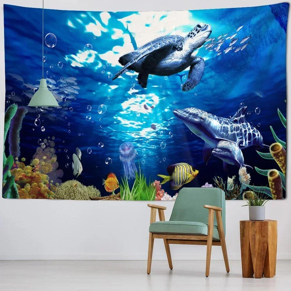 Underwater World Tapestry Wall Hanging Dolphin Shark Seaweed Art Print Tapestry Cartoon Home Sheets Bedroom Wall Decoration