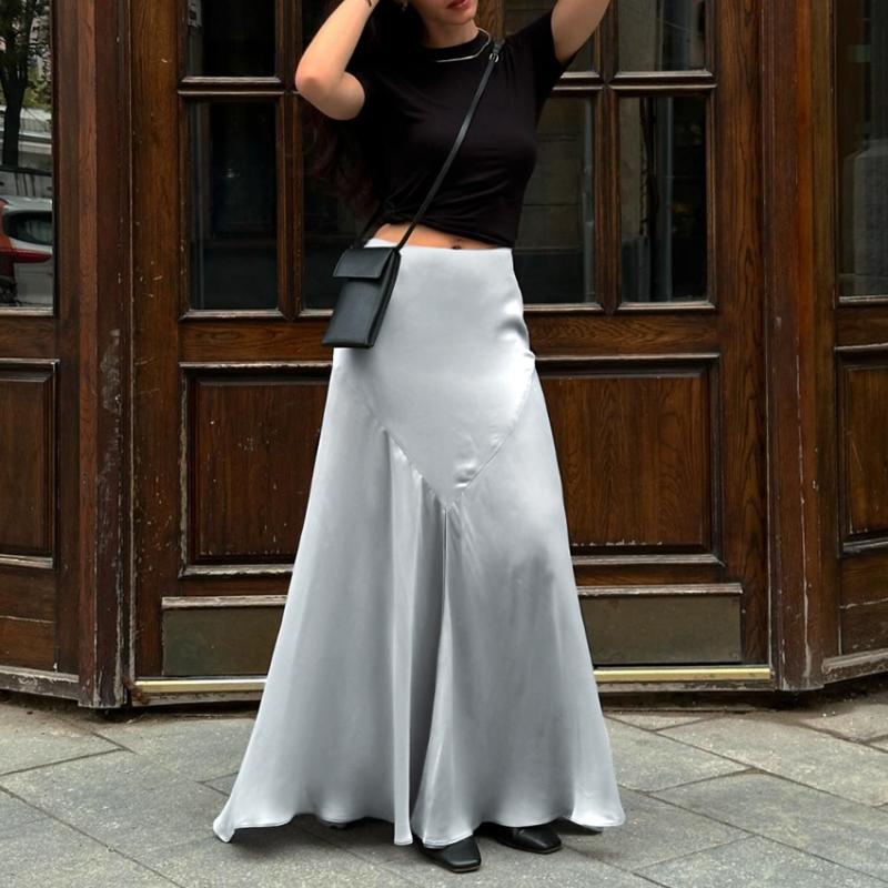Elegant Grey Satin Skirts For Women Fashion Mid Waisted Slit Solid Skirts Casual New Loose Ankle-Length Skirt Streetwear