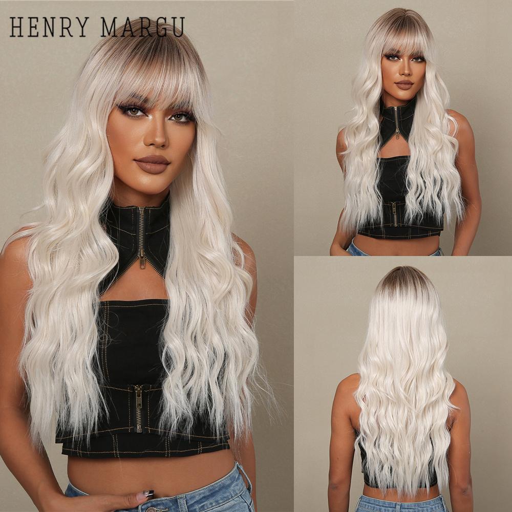 HENRY MARGU Ilgi vandens banguoti sintetiniai perukai nuo rudos iki blondinės spalvos Ombre perukai su kirpčiukais moterims vakarėliams Cosplay karščiui atsparūs perukai