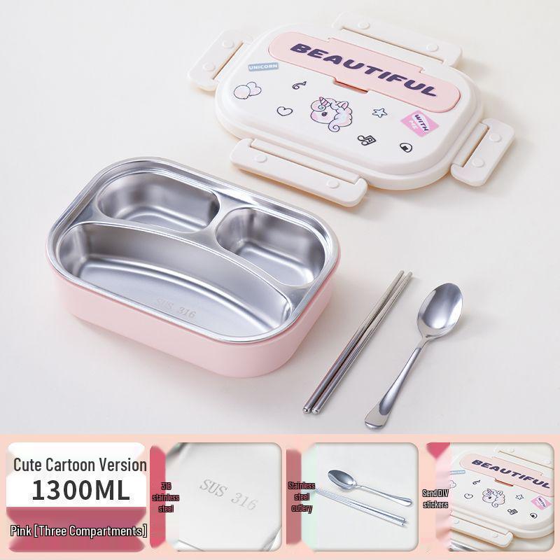 Boîte à lunch Bento pour enfants, à couvercle rabattable, en acier inoxydable 316, compatible micro-ondes, avec compartiments pour les aliments, à décorer soi-même et décorée de dessins animés.