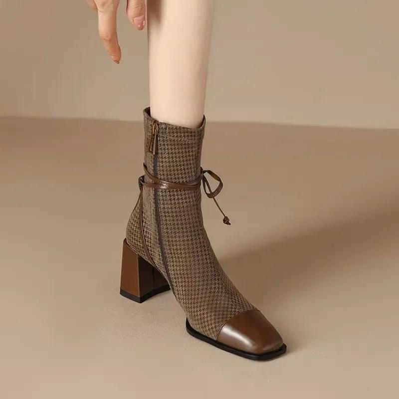 Fashion 2024 New French Style Square Toe Chunky Heel High Heeled Short Boots for Women Autumn Winter Single Boots Women Womens Boots