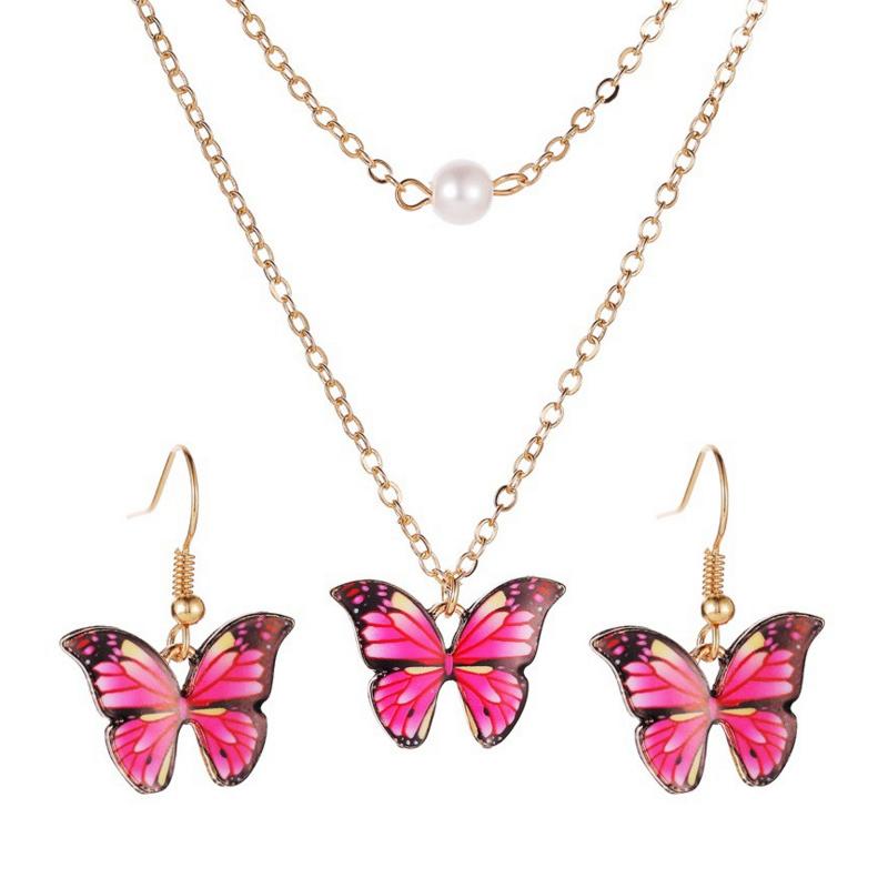 Fashion Choker Chain Pearl Necklace Earrings Sets for Women Jewelry Cute Colorful Butterfly Gold Color Chain Vintage Jewellery