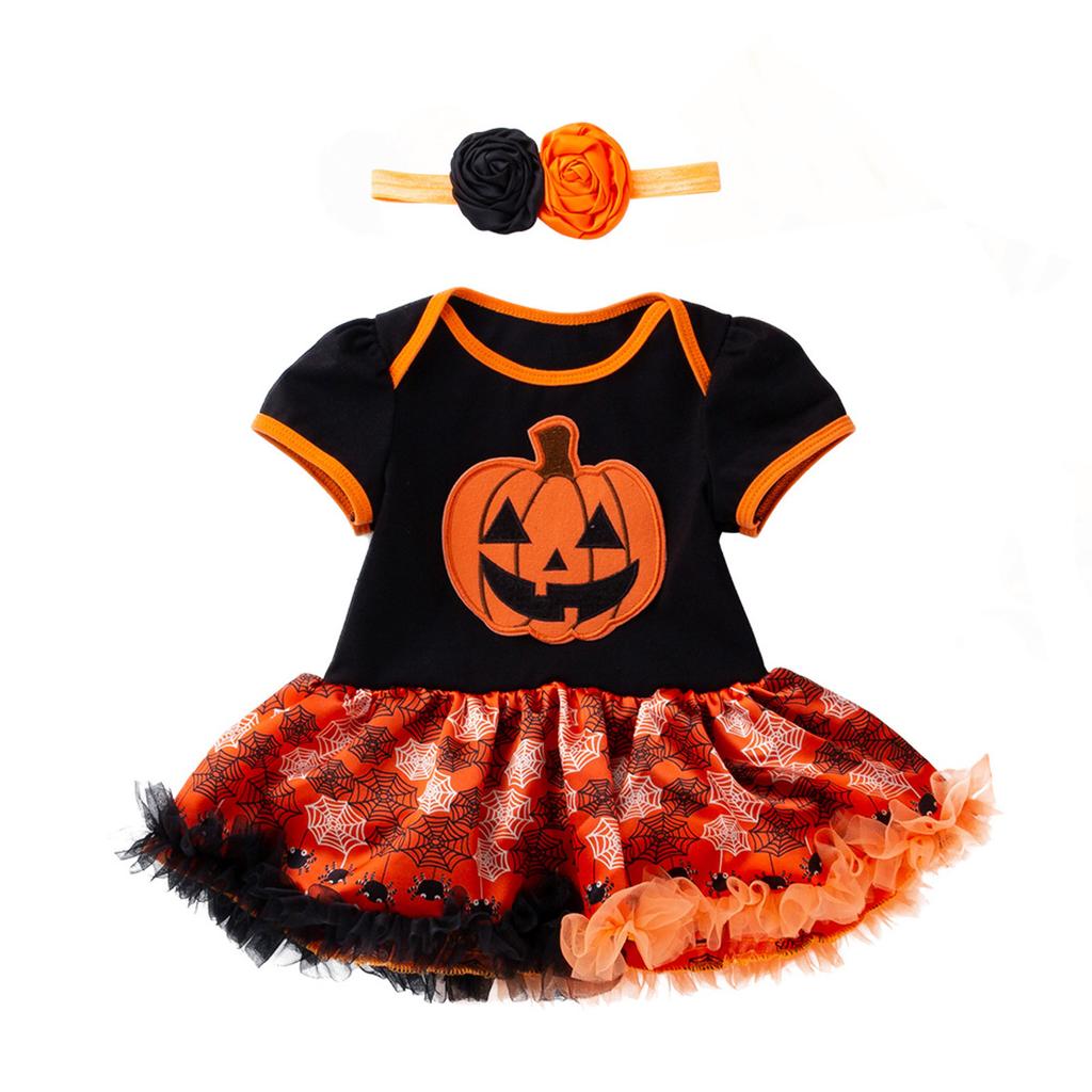 Dziewczęcy Zestaw Ubraniowy 2PC Sukienka z Krótkim Rękawem i Nadrukiem Dyni oraz Spódniczka Tiulowa z Opaską na Głowę Strój na Halloween