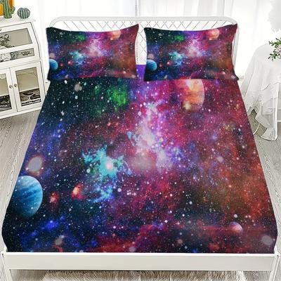 3D Spannbettlaken-Set Celestial Personalisiertes Muster Astronauten- & Sternen-Serie + 1 oder 2 Kissenbezüge mit Sternenhimmel-Mustern