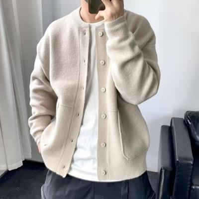 Men Knitwear Round Neck Long Sleeves Single-breasted Pure Color Cardigan Knit Coat Loose