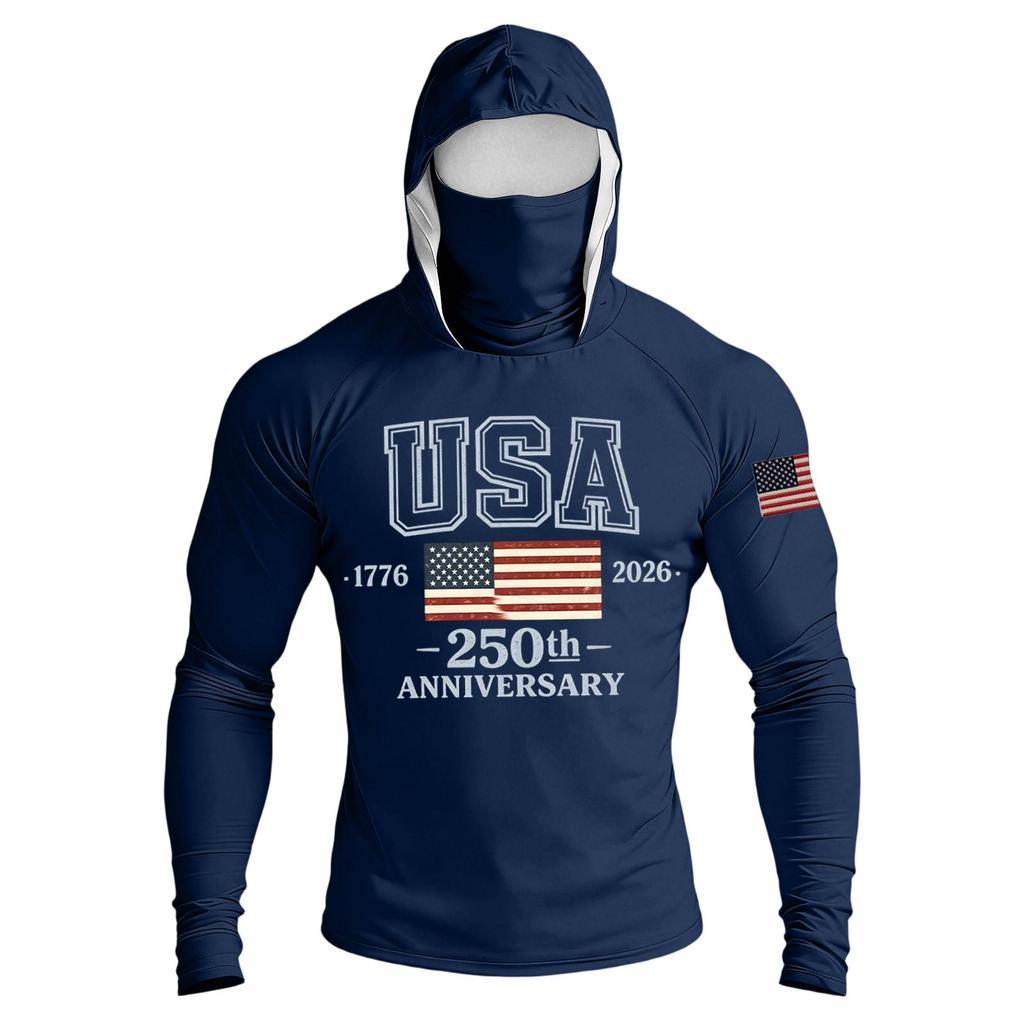 Men's Casual Raglan Sleeve Hooded Long Sleeve Sun Protection Shirt USA 250th Anniversary Graphic Lightweight Performance Top