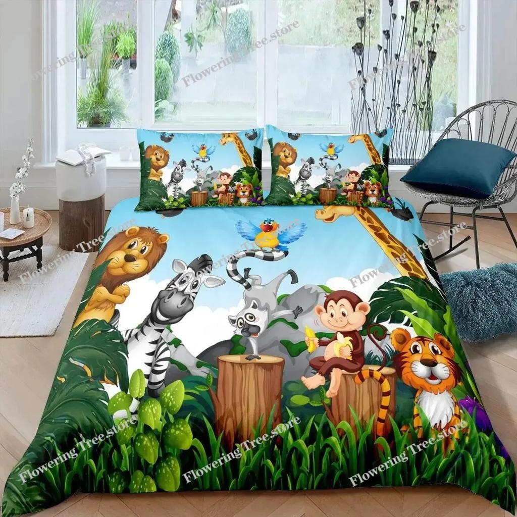 Cartoon Animals Duvet Cover Set King Size Savannah Tropical Forest Jungle Wildlife Bedding Set Kids Zoo Polyester Quilt Cover