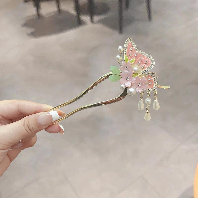 New Chinese temperament flower butterfly hairpin pearl fringed hairpin ancient Hanfu cheongsam plate head accessories hairpin