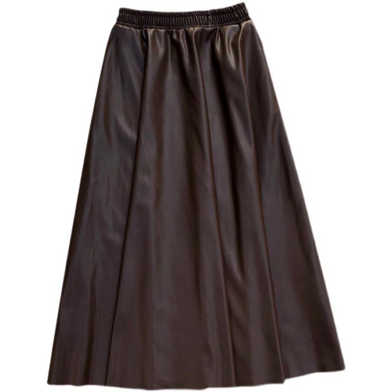 Women's Winter Faux Leather Pleated High Waist A-Line Midi Skirt Long Skirt