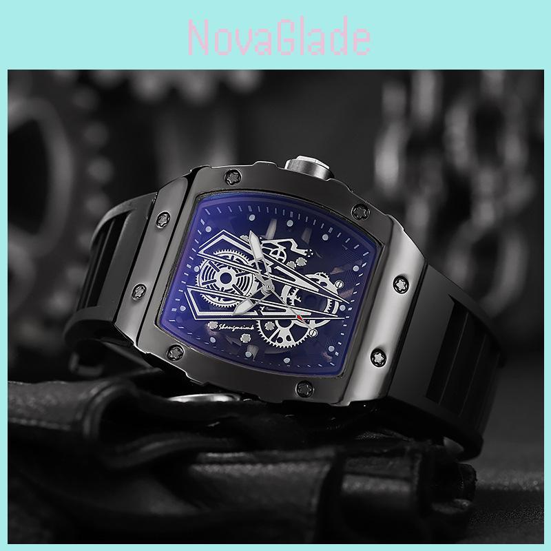 Hollow Richard Wine Barrel Shape Quartz Watch For Men Business Calendar Silicone Strap