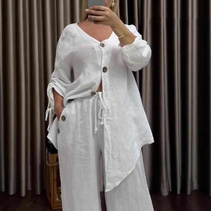 

Women s V-Neck Button Down Cardigan and High Waisted Wide Leg Pants Set, Long Sleeve Tie Waist Top with Pockets, Solid Color Casual Loungewear S белый