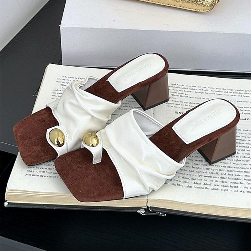 

Fashion Fashion Metal Decoration Design High Heel Slippers Women High Quality Faux Suede Slide Sandals Comfort Clip Toe Brand Flip Flops 35 білий