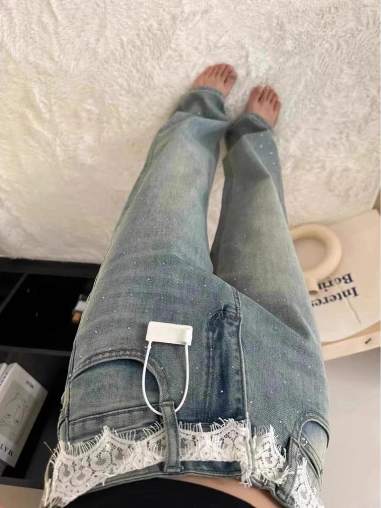 Women's High Waist Rhinestone Jeans - Wide Leg, Loose Fit, Floor Length, Summer Style