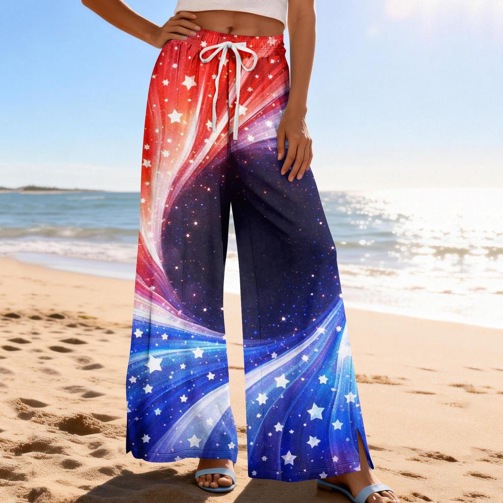 Dámské letní boho palazzo kalhoty s vysokým pasem a širokými nohavicemi, tisk, ležérní kalhoty s kapsami