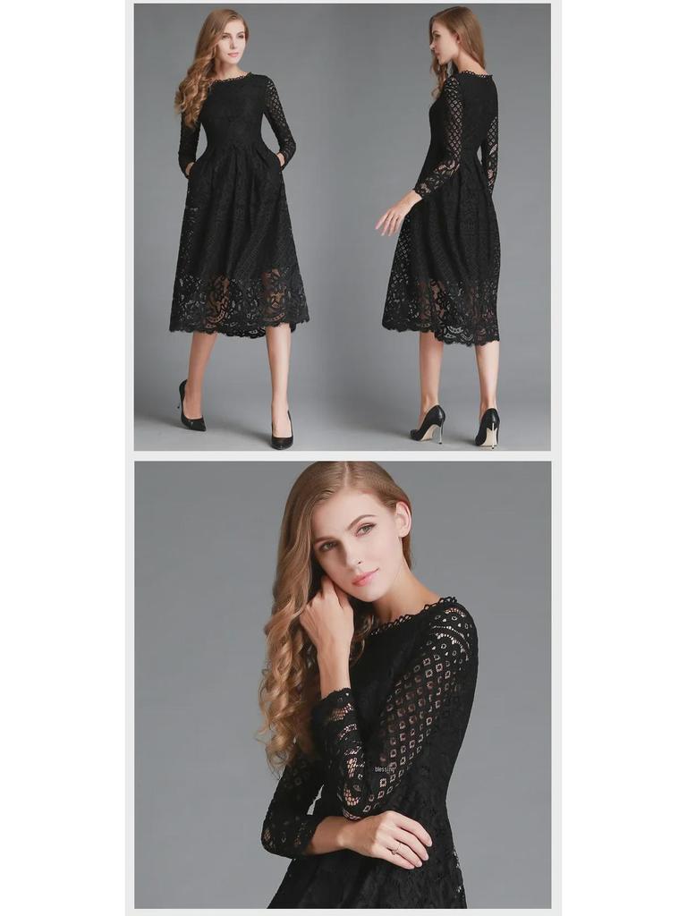 2025 Fall European & American Women's Lace Slim Midi Dress with Hollow Round Neck & Long Sleeves