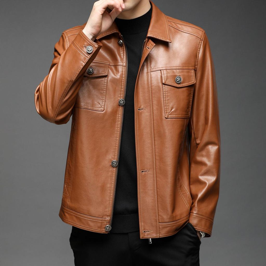 Autumn and Winter New Men's Leather Jacket Leather Jacket Locomotive Leather Jacket Fashion Youth Lapel Windproof Velvet Leather Jacket Jacket