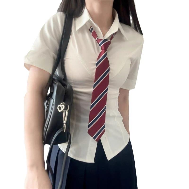 Women's Slim-Fit Waist-Cinching Academic Style White Shirt - Long/Short Sleeves, Ideal for Autumn/Winter