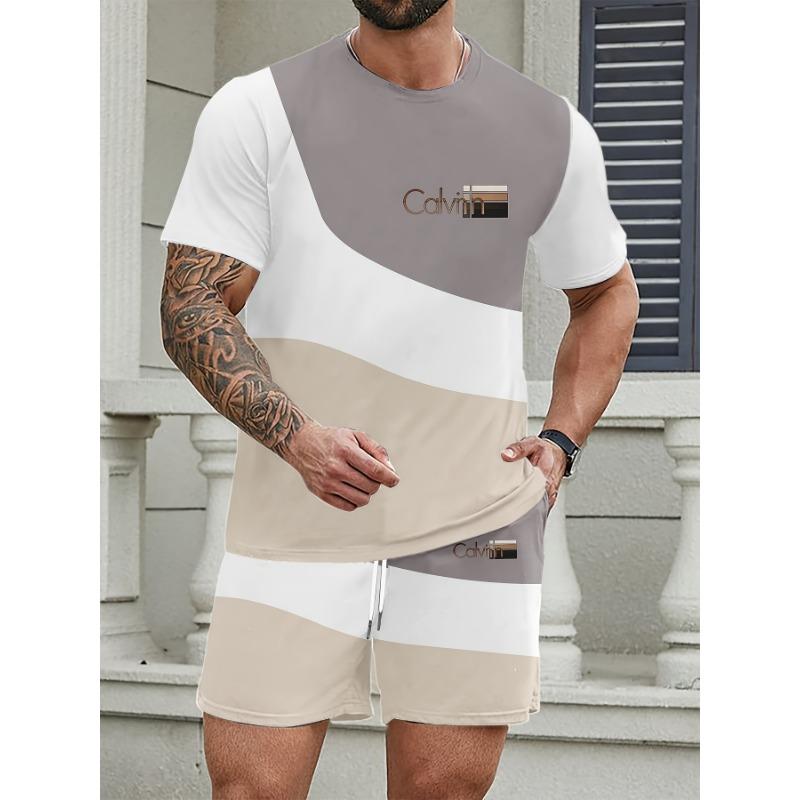 Men s Cool Summer Outfit: Printed Top with Horizontal Stripe Panels & Drawstring Shorts. Breathable Big Size for Beach & Poolside S разноцветный