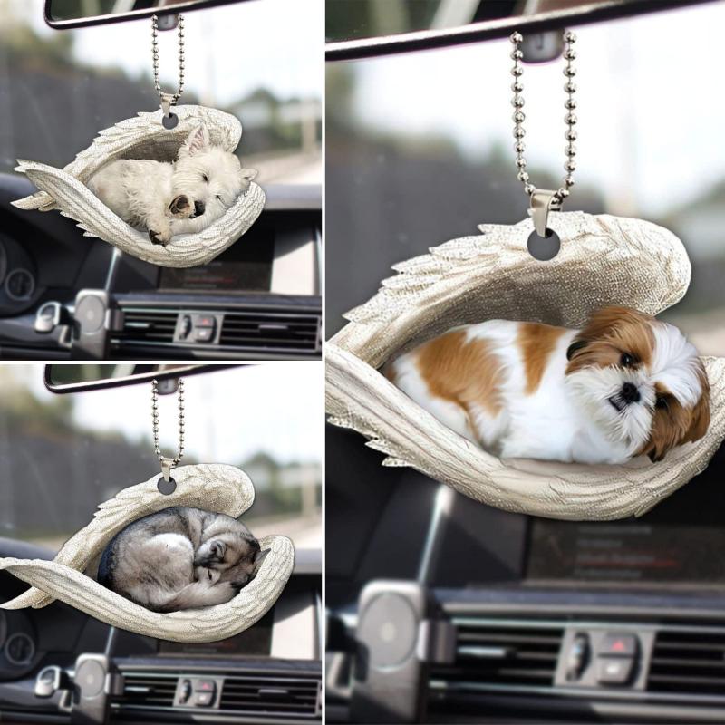 Creative Sleeping Angel Wing Puppy Memorial 2D Flat Car Rear View Mirror Accessories Ornament Decoration Hanging Charm Pendant