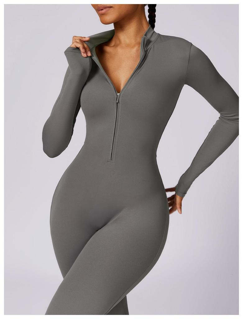 European & American Long Sleeve Zipper Bodysuit - Hip-Lifting Fitness & Yoga Pants for Women In Black