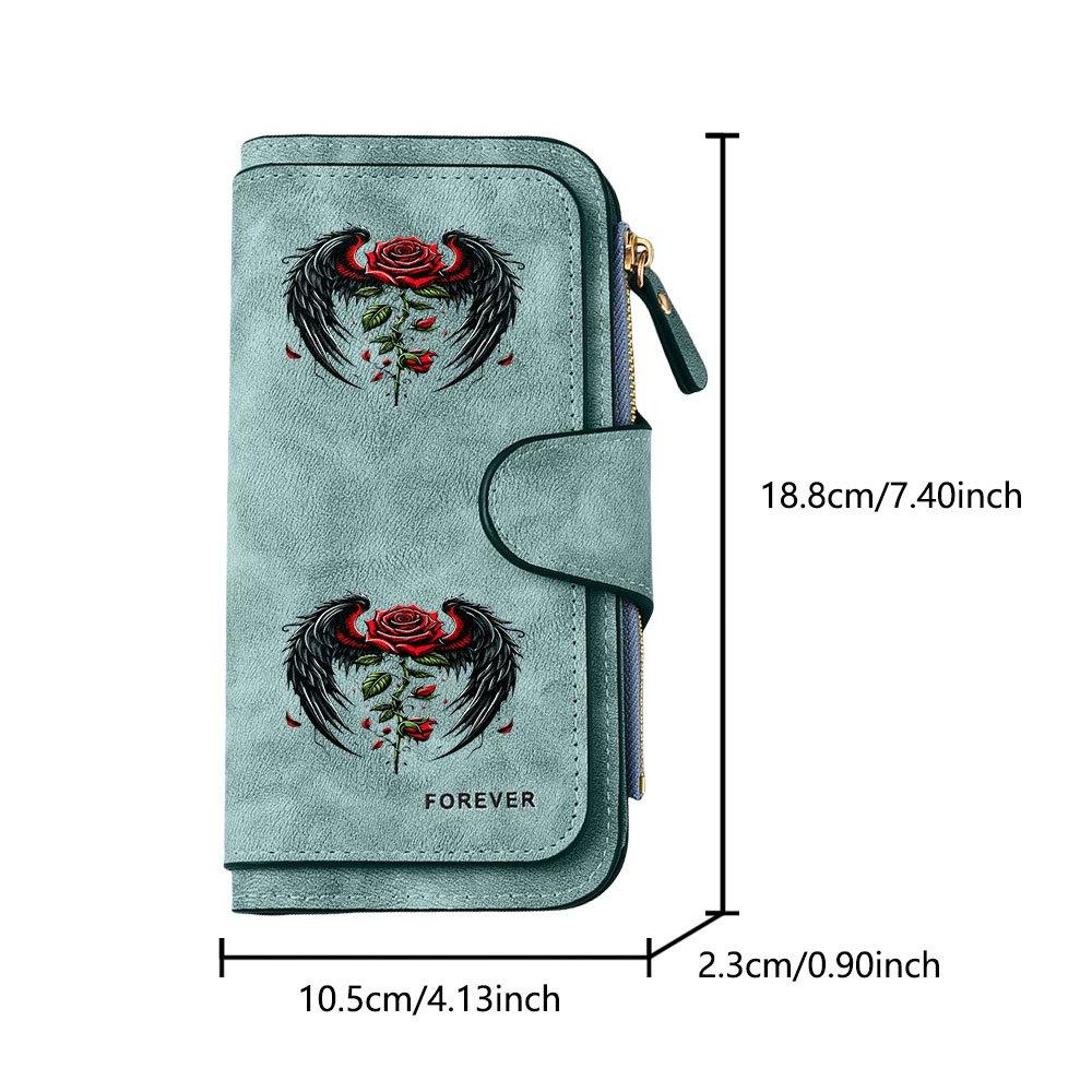 Black Wing Rose Tattoo Print Long Wallet Multifunctional Portable Snap Coin Purse Unisex Perfect Birthday Gift For Friends Family Daily Commute