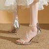 Fashion 2024 New  Summer High Heeled Sandals Women's Stiletto Pearl Strap Women's Shoes Transparent Open Toe High Heels