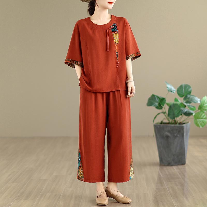 Summer Women's Loose Cotton Linen Patchwork Print T-irt High Waist Wide Leg Pants Two-piece Set Faionable Casual Wear