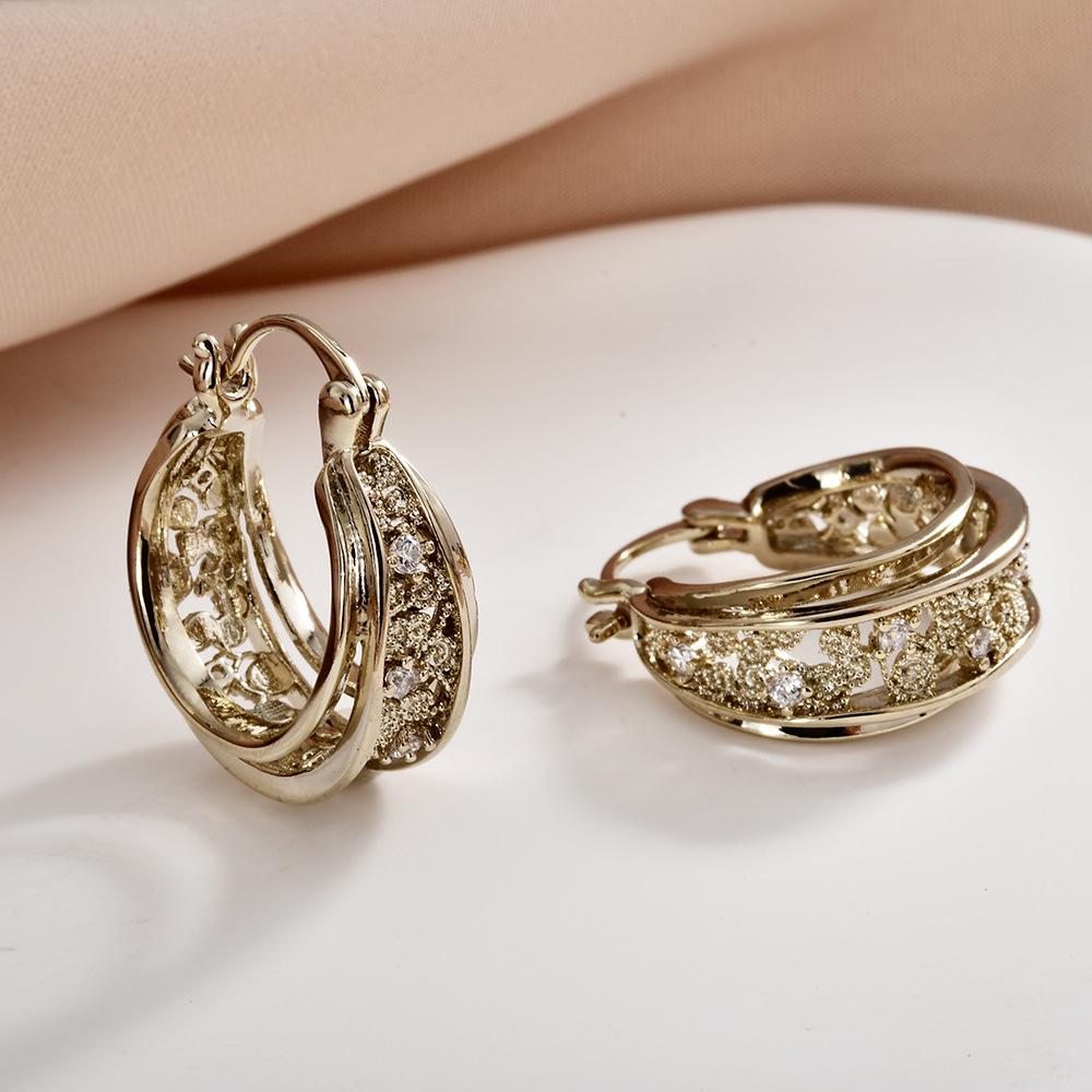 2026 Trendy Hollow-out Hoop Earrings Zircon Inlaid Champagne Gold Triple Layer Ear Buckles for Women