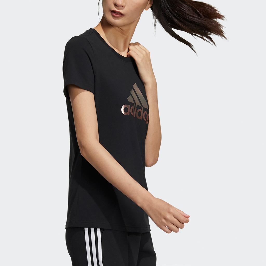 Adidas Foil Logo Print Sports Short Sleeve T-Shirt Women Tops Black GP0685