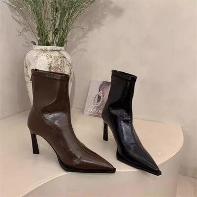 Retro Pointed Toe High Heel Short Boots Autumn Winter New Brown Slim Fit Thin Heel Versatile Boots PU Leather Insole Rubber Surf