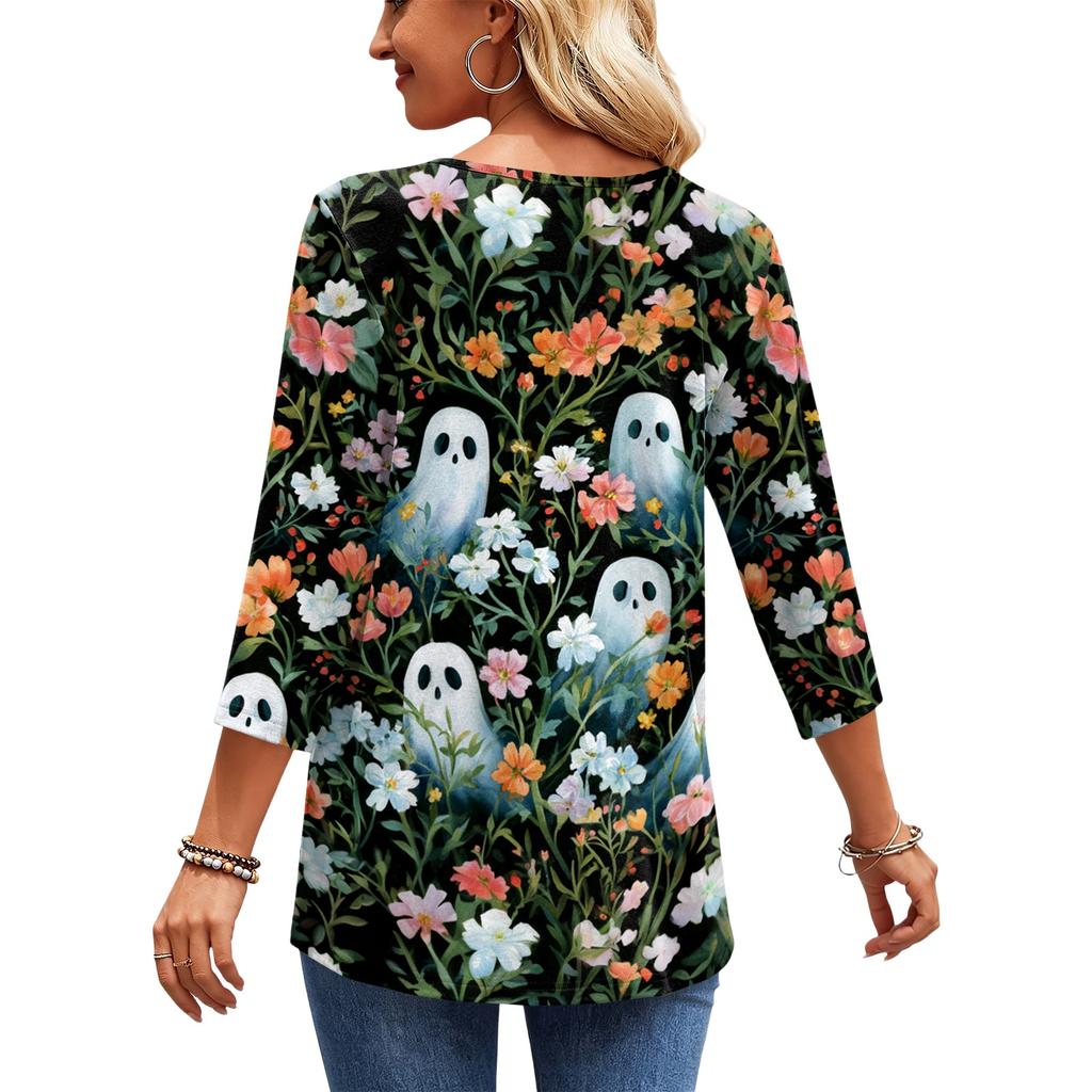 Women's Casual Halloween Print V-Neck Blouse with Three-Quarter Sleeves for Holiday Parties