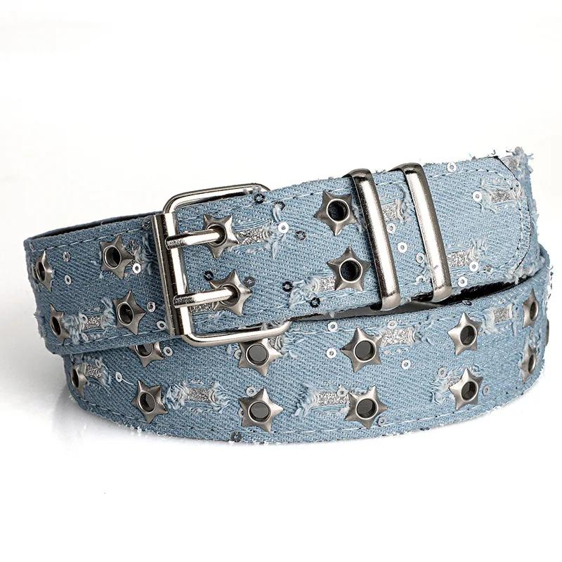 New Fashion Luxury Women's Belt Punk Trend Jeans Accessories Denim Girdle HipHop Y2k Star Hollowed Pin Buckle Belt,For Men Women