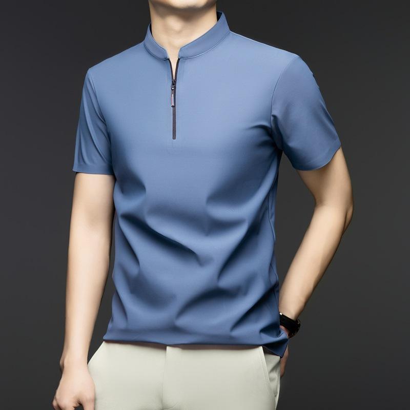 Men's Casual Fashion Solid Color Short Sleeved Polo Shirt Stand Up Collar Versatile Comfortable Top