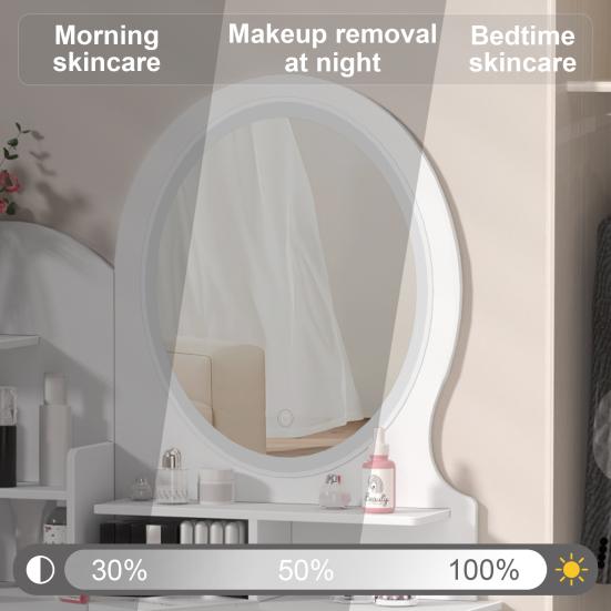 Makeup Desk with Mirror, Large Vanity Desk with Storage Shelves, 4 Drawers, Makeup Vanity Table with Light, Bedroom Dressing Table
