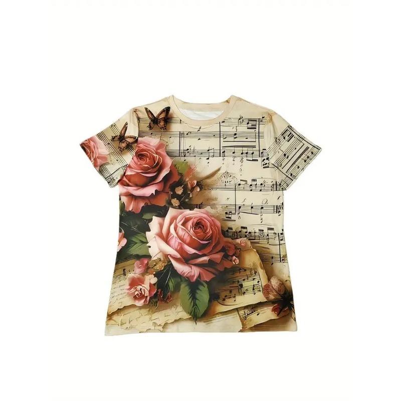 Women's Summer Round Neck Short Sleeved T-shirt with 3D Romantic Rose Print Casual Top Breathable Machine Washable Suitable for Outdoor Daily Wear