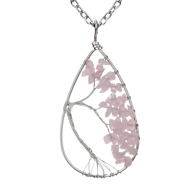 Handmade Silver Wrapped Copper Wire Crushed Stone Tree of Life Necklace, Water Drop Natural Stone Design, Bent Tree of Life Necklace N28.
