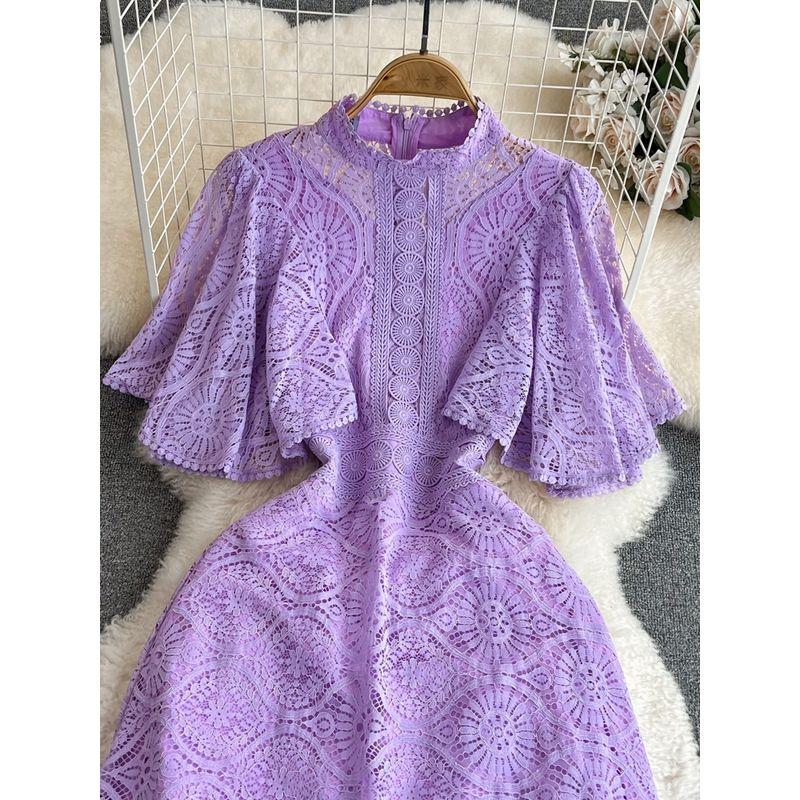 Retro Stand Collar Lace Dress Elegance Large Swing Hook Flower