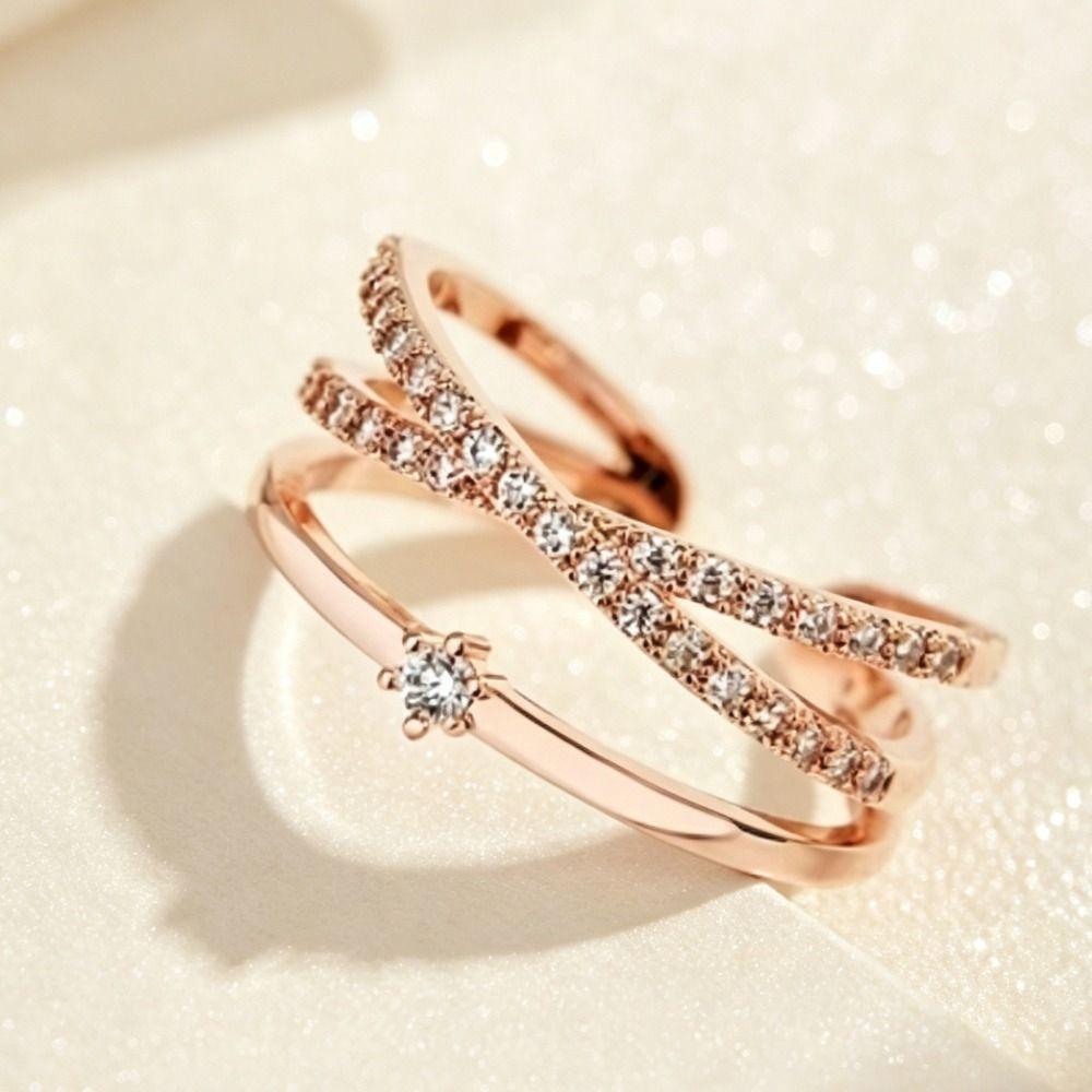 Elegant Zircon Crossed Rings Luxury Plain Ring Exquisite Crystal Finger Rings  For Girls