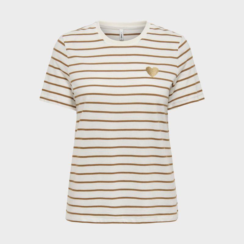 Tee shirt coton bio Liva marinière avec coeur argenté Femme ONLY